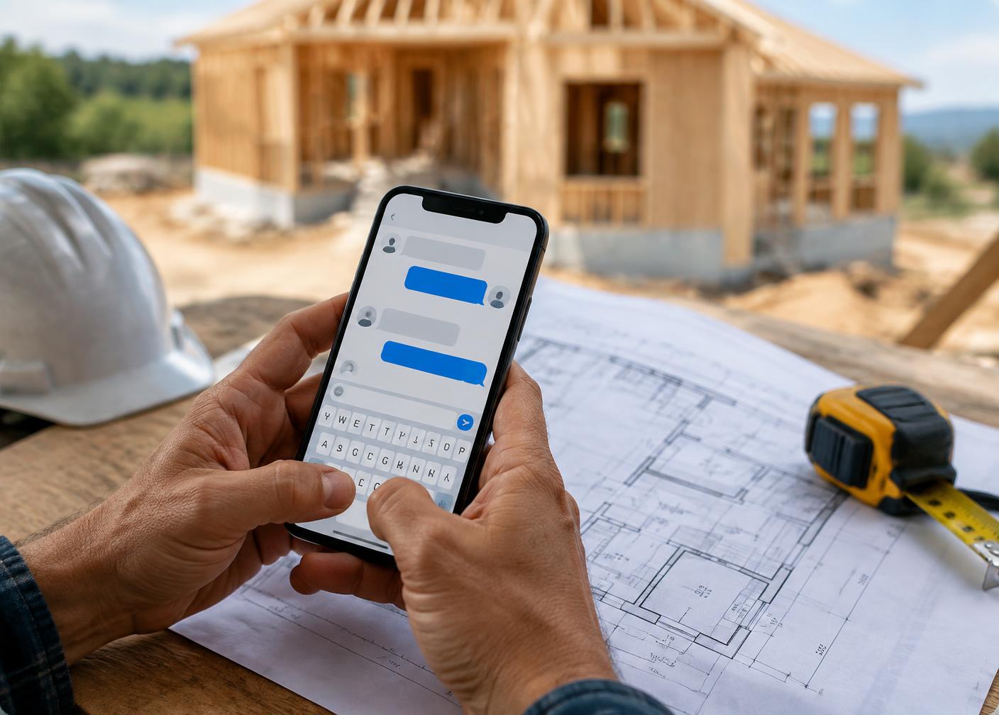 Projeto da obra e celular com conversa de atendimento